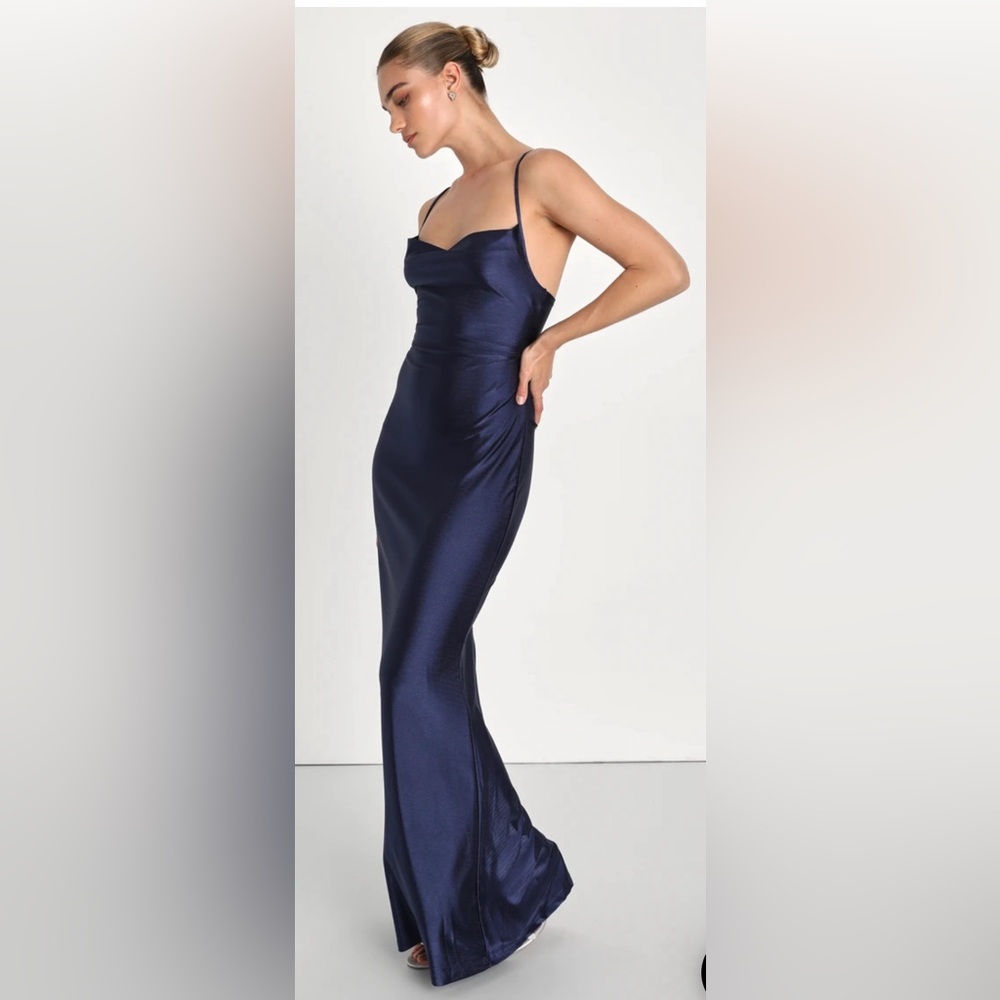 Lulu’s Iconic Allure Navy Blue Cowl Neck Lace-Up Ruched Maxi Dress Sz Medium 6 8